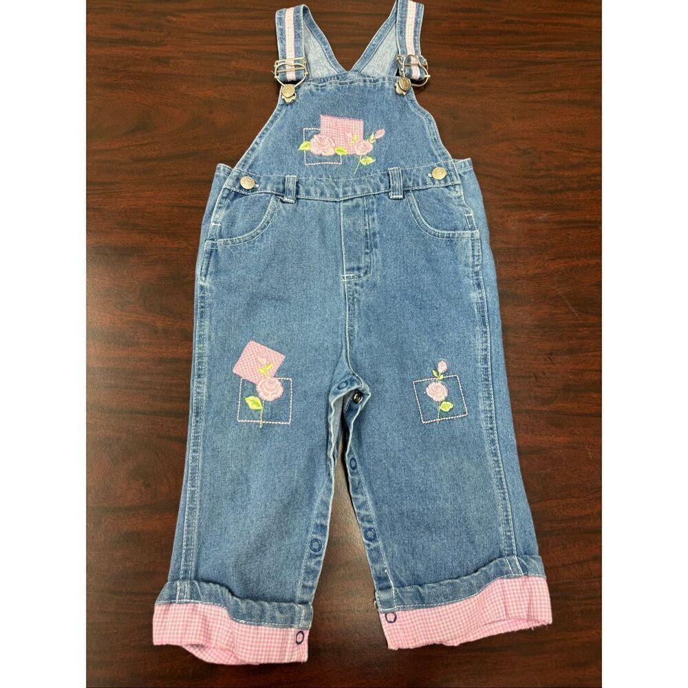 Vintage Girls 24 Month Denim Overalls with Floral Embroidery